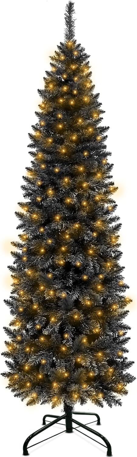 Trees - 6 Ft Prelit Black Halloween Christmas Tree, 240 LED Warm Lights, 658 Thick Branch Tips, Fire-Resistant, UL Plug, Metal Stand, Hinged Pencil Xmas Tree Christmas Decorations Home Indoor Outdoor