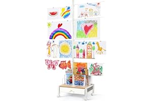 Bikoney Art Display for Kids Artwork-(30 Clips -Total 12ft Wire)-Kids Art Display-Art Drying Rack-Floor Picture Hanging System Kit for Drawing/Photo/Card/Picture Collage Display
