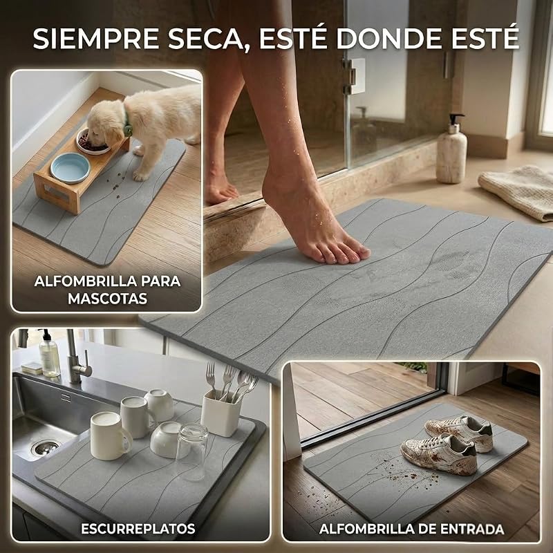 , Alfombra Diatomita Baño, 40x60 cm, Piedra de Secado Rápido, Antideslizante, con Lija, Alfombrilla Rígida Absorbente, Antimoho, para Ducha y Baño (Gris Claro)