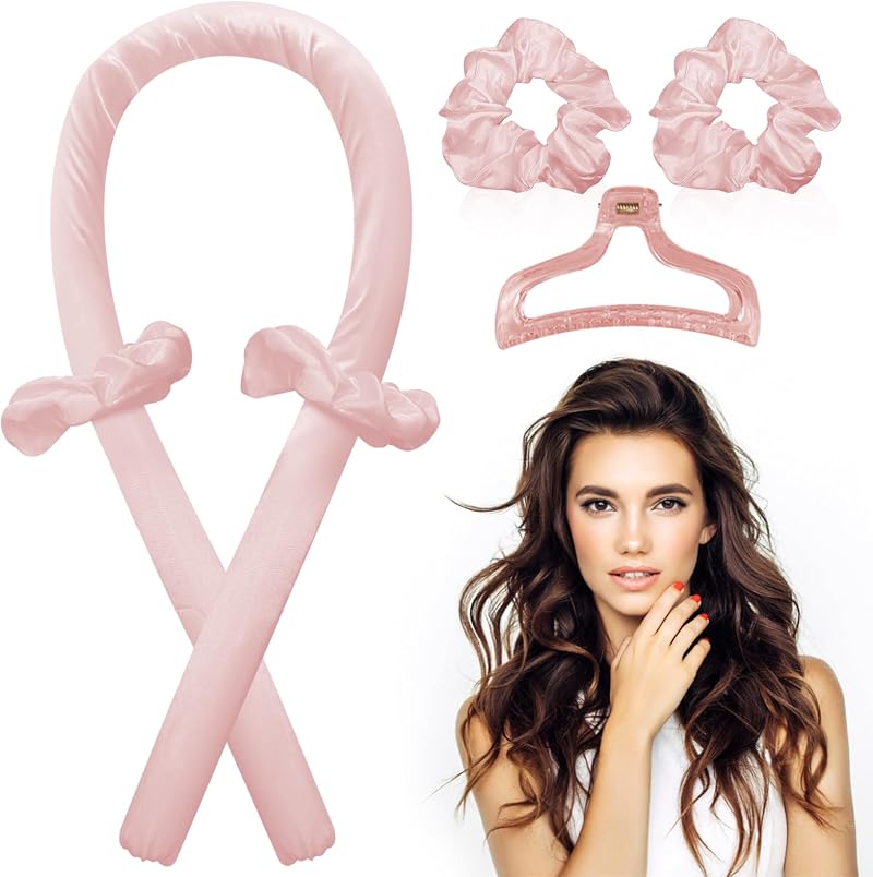 Jsdoin Heatless Curlers Headband Satin Wave Roller Long Medium Hair Pink