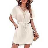 Fayenne Womens Swimsuit Coverups Lace V Neck Sexy Bathing Suit Cover Ups Dress with Pockets Short Sleeve Swimwear Cover Up