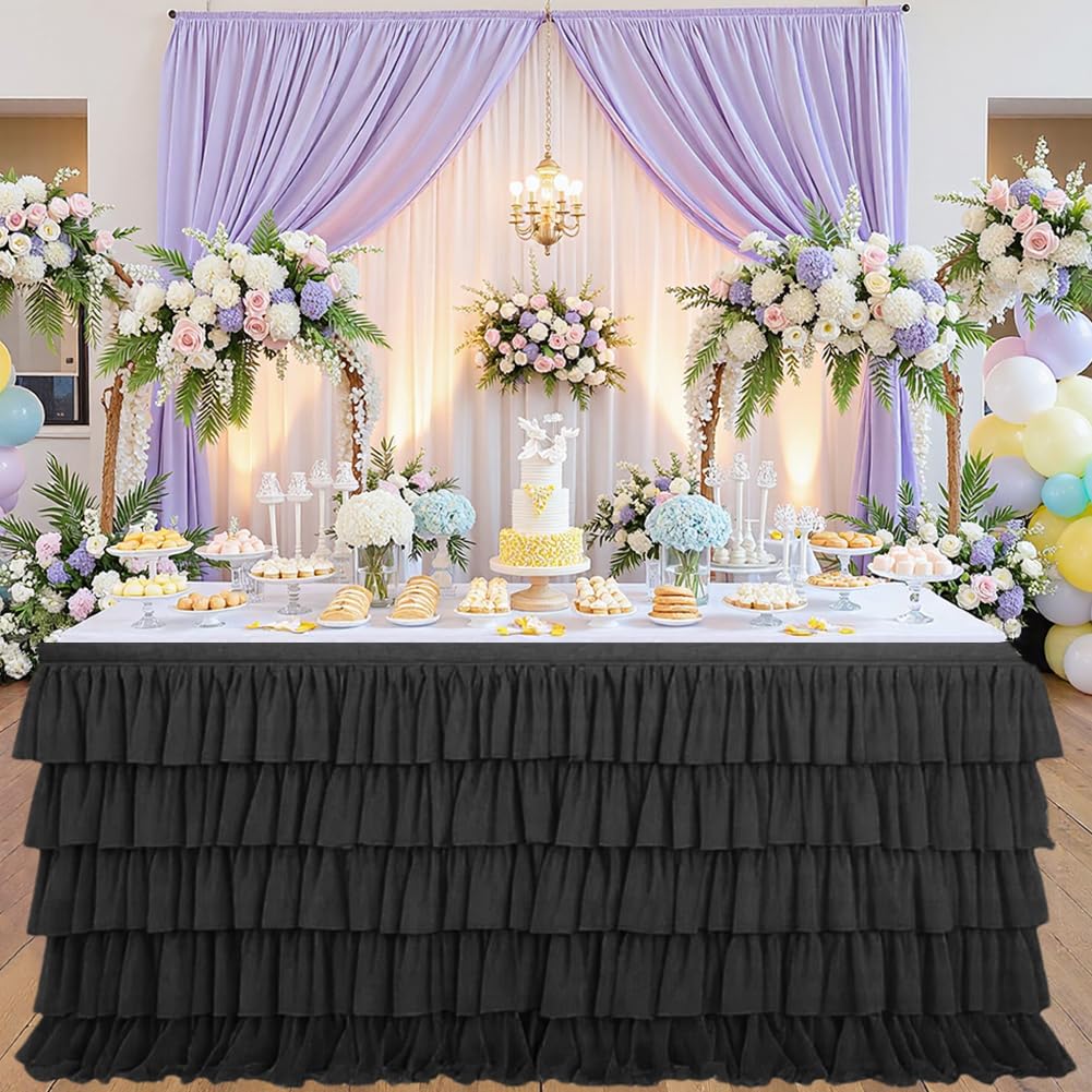 CREATCABIN Black Table Skirt 6FT Table Skirts Tulle Desk Skirts Decoration Tablecloth Cover Ruffle Tutu Rectangle Polyester with Adhesive Tape for Princess Wedding Birthday Party Dessert Cake