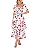 BTFBM Womens Square Neck Smocked Dress Summer Puff