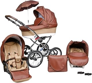 SKYLINE Klassisch Retro Stil LUX Kombi-Kinderwagen Buggy 3in1 Reise System Autositz (Isofix) (Braun/14"Luft Bereifung)