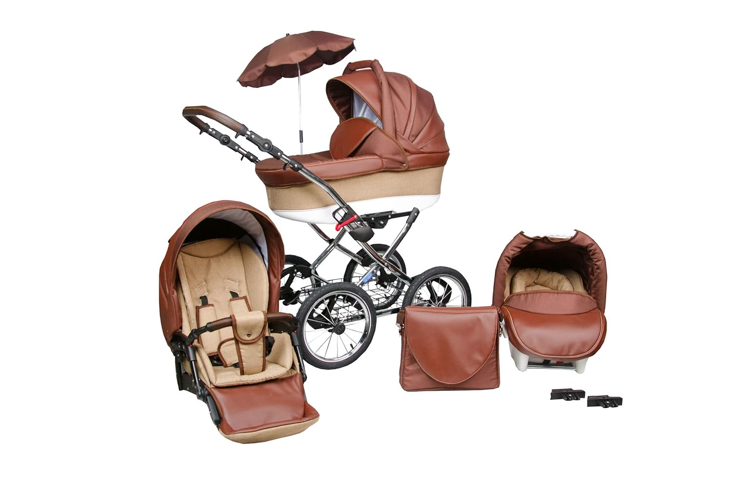 SKYLINE Klassisch Retro Stil LUX Kombi-Kinderwagen Buggy 3in1 Reise System Autositz (Isofix) (Braun/14"Luft Bereifung)