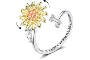 TOBENY 925 Sterling Silver Initial Fidget Rings for Women You Are My Sunshine Sunflower Anti-Anxiety Adjustable Cubic Zirconia Anxiety Spinner Ring