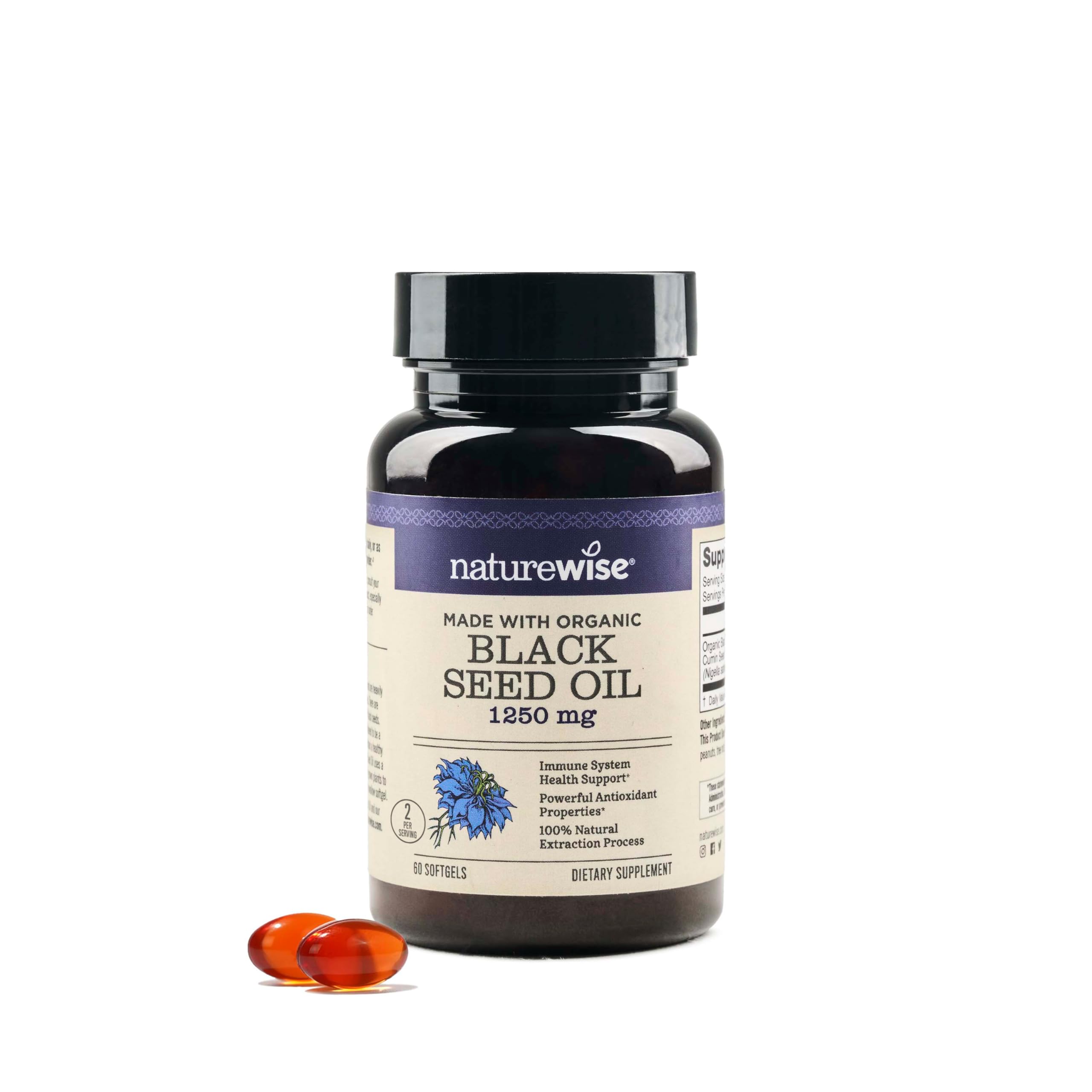 NatureWise Black Seed Oil Softgels 1250 mg - with 100% Organic Cold Pressed Nigella Sativa - Omega 3 6 9 - Antioxidant Immune Support, Hair & Skin - Non-GMO, Gluten-Free - 60 Softgels[1-Month Supply]