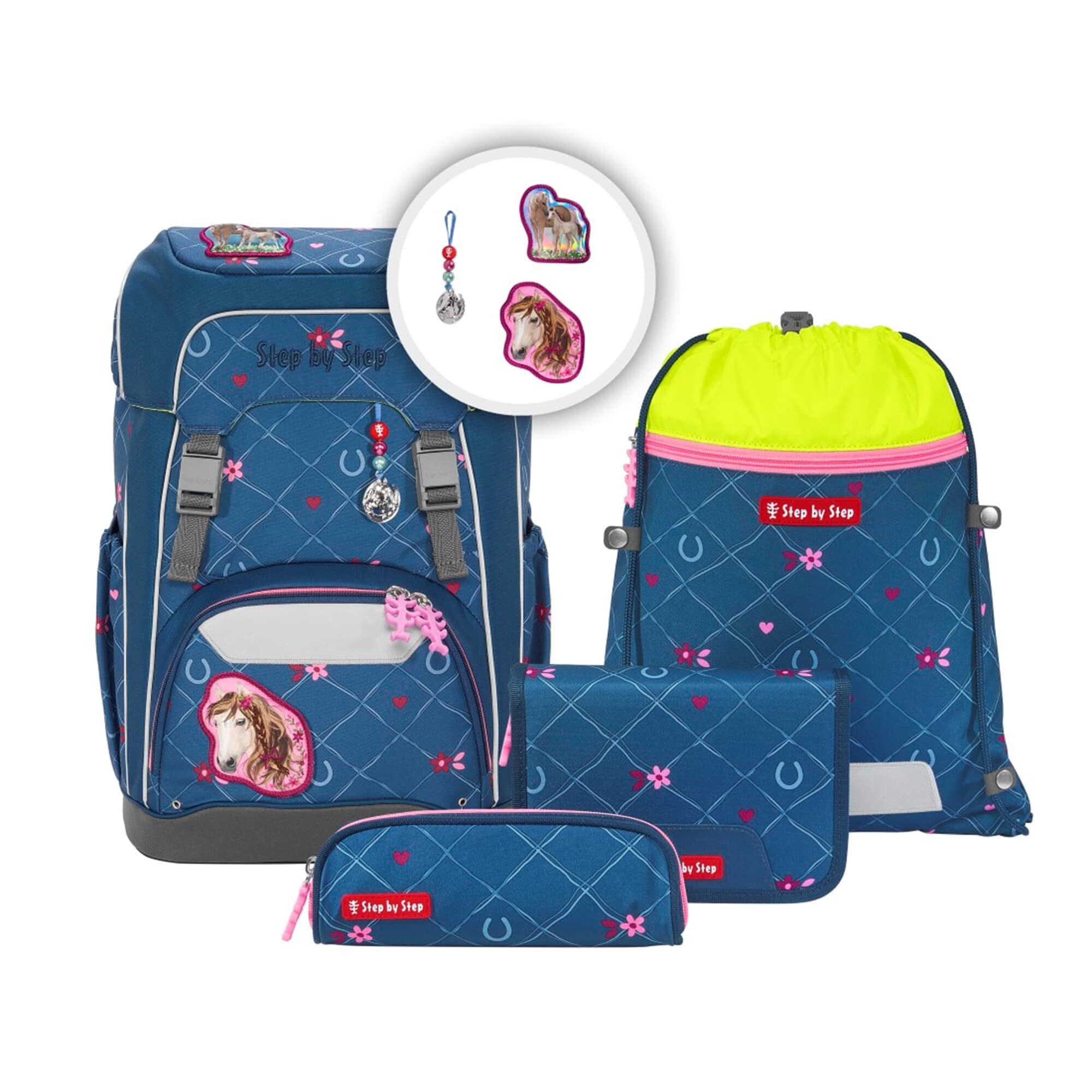 Step by Step Schulranzen-Set GIANT „Horse Lima“ 5-teilig, ergonomischer Tornister, höhenverstellbar mit Hüftgurt, für die Grundschule, ab der 1. Klasse, 23L, blau-rosa, Pferd-Design