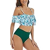 GoyRrbay Women Two Piece High Waisted Flounce Bikini Set Off Shoulder Swimsuit Tummy Control Bathing Suits