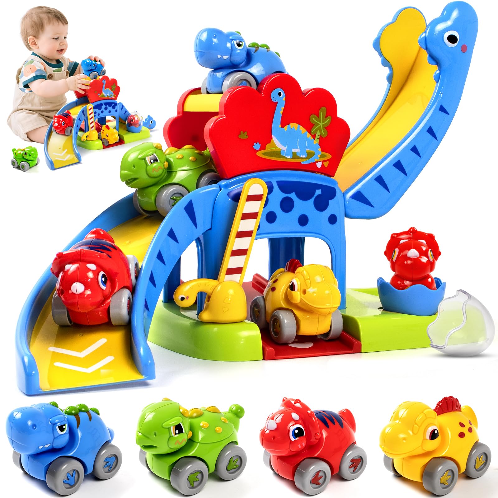 Toddler Toys for 1 Year Old Boy Gifts, Dinosaur Slide Car Ramp Toy for Toddlers 1 2, Push Along Dinosaur Cars, Educational Baby Toy for Early Learning, First Birthday Gift for Boys and Girls