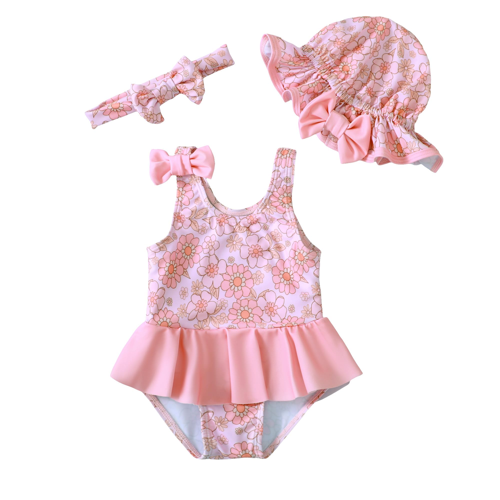Photo 1 of Baby Girl Swimsuit Coral One Piece Bathing Suit Infant Floral Strap Sleeveless Swimsuit Vintage Beach Swimwear Newborn Swim Bathing Suit 0-3 Months