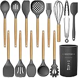 14 Pcs Silicone Cooking Utensils Kitchen Utensil Set - 446°F Heat Resistant,Turner Tongs,Spatula,Spoon,Brush,Whisk. Wooden Ha