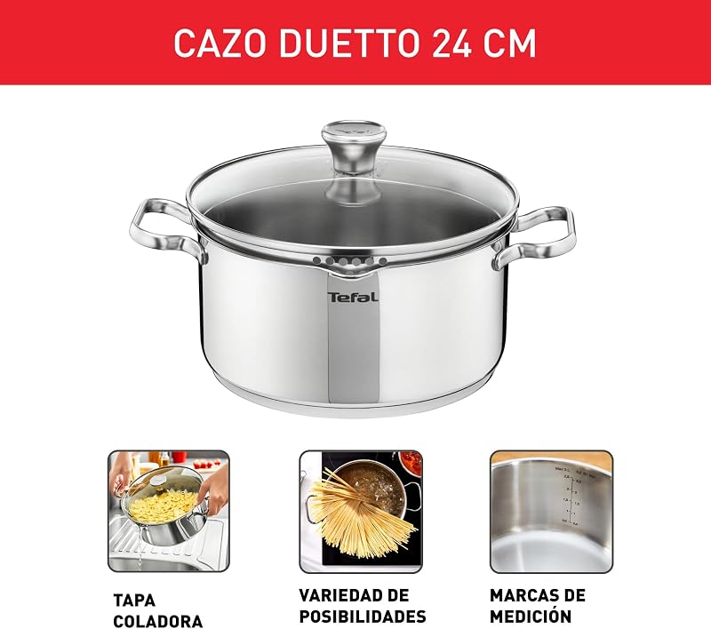 Tefal Duetto - Caçarola 24 cm | Cofre de indução, termofusão, máquina de lavar louça e forno, marcas de medição, aço inoxidável