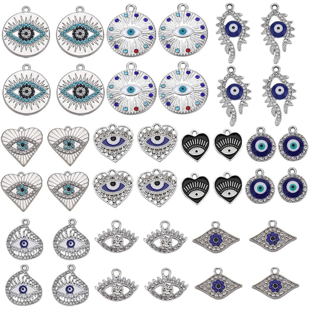 SUNNYCLUE 40PCS 10 STYLES Sliver Evil Eye Charms Bulk Rhinestone Charms Hollow Crystal Cubic Zirconia Shiny Lucky Eyes Heart Love Charm for Jewelry Making Charme Diy Earrings Bracelet Necklace Craft