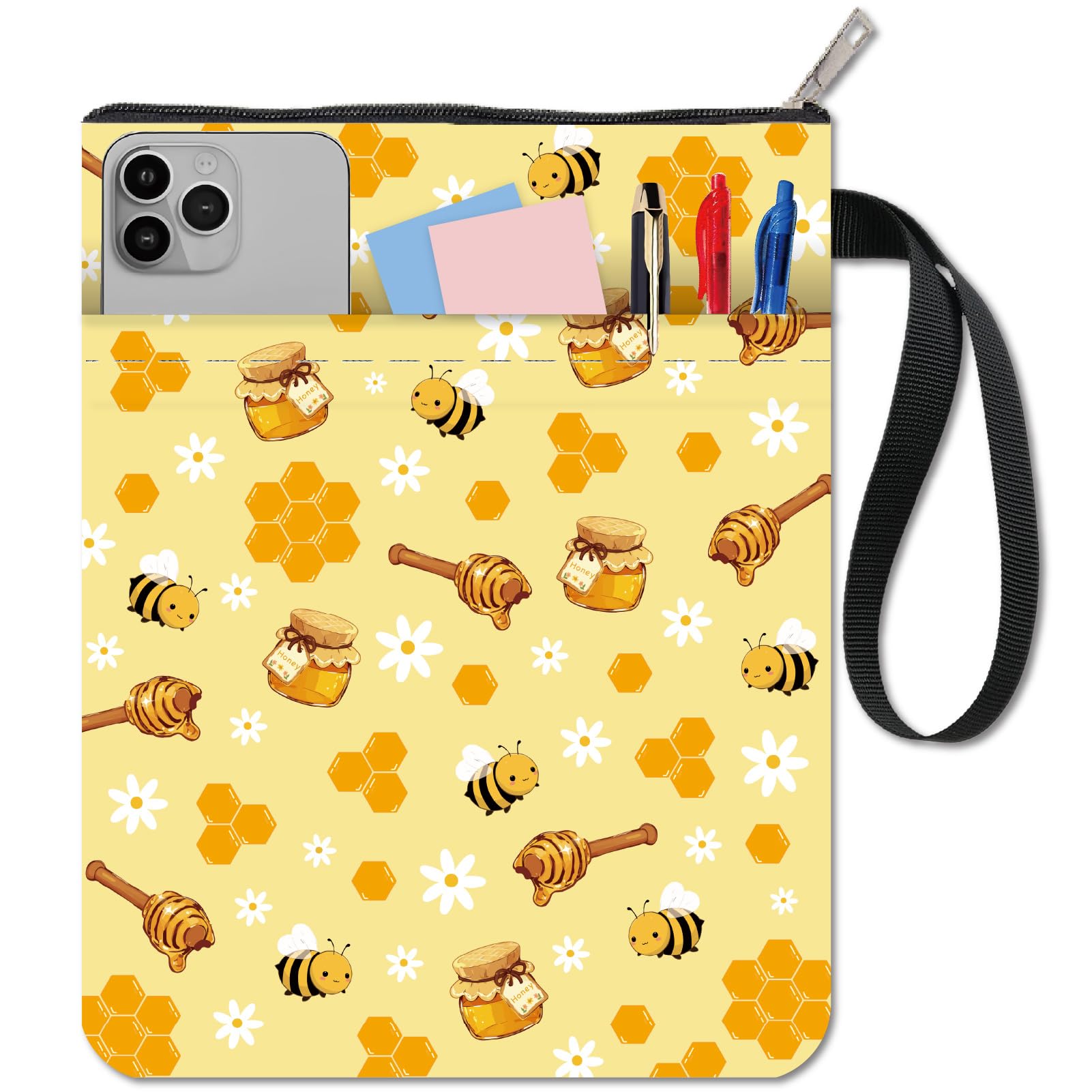 CRASPIRE Bees Book Sleeve Yellow Book Protector Honey Book Covers for Paperbacks Washable Fabric Cloth Book Cover with Zipper and Extra Sleeve Pocket for Book Lovers Classmate Gifts