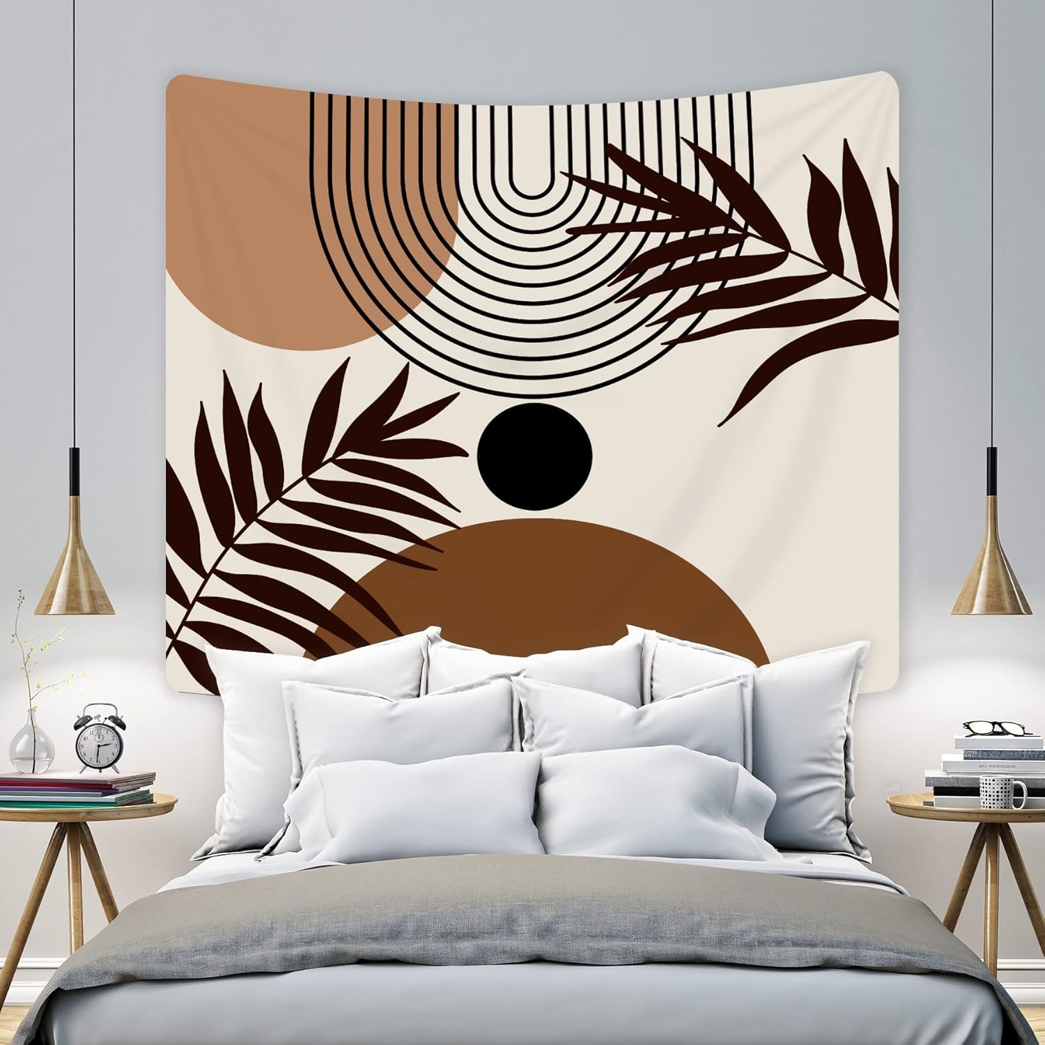 Tapestries - KOMLLEX Mid Century Abstract Tapestry 59Wx51H Geometric Boho Leaves Neutral Wall Hanging Beige Modern Minimalist Aesthetic Brown Plant Home Decor Art for Living Room Bedroom Dorm