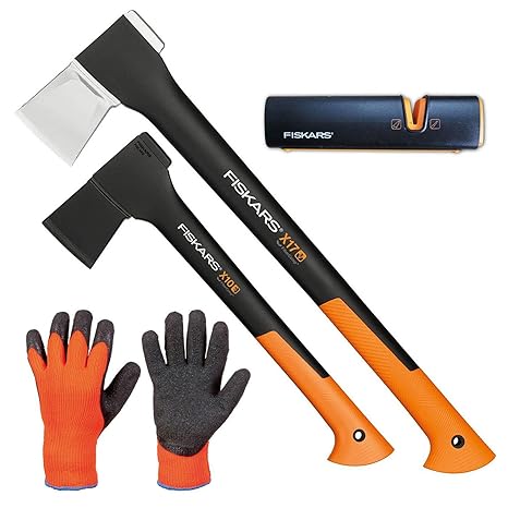FISKARS© Set Spaltaxt X17 - M + Universalaxt X10 - S + Xsharp Axt- und Messerschärfer + Handschuhe