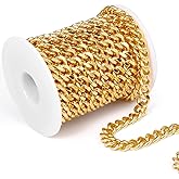 16.5 Feet Stainless Steel Cuban Chains Roll, 9mm Width 18K Gold Plated Diamond-Cut Miami Curb Link Chains Spool Bulk for Jewelry Meking & DIY Craft