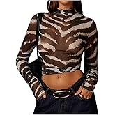 WDIRARA Women's Zebra Print Mesh Sheer T Shirts Mock Neck Long Sleeve Tee Y2k Fitted Crop Tops