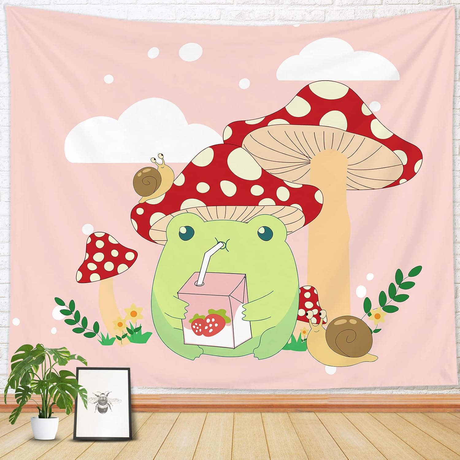 Tapestries - YahonLee Kawaii Frog Mushroom Tapestry pink cute room decor Aesthetic Wall Hanging Bedding Tapestry room decor for teen girl's Bedroom Funny Living Room Home Decor (51.2ʺ x 59.1ʺ, Pink)
