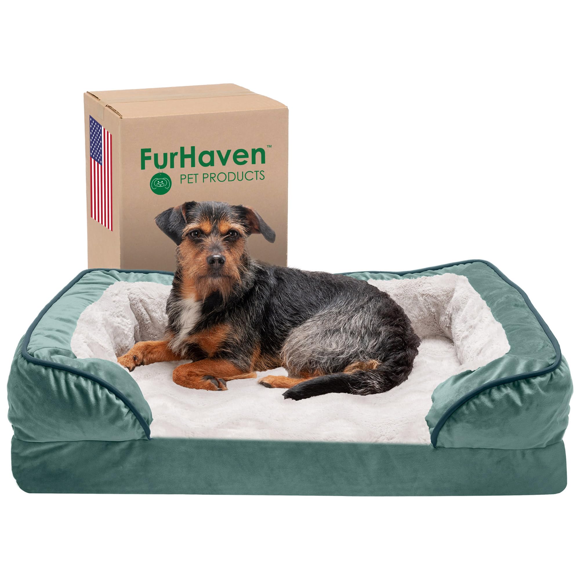 Photo 1 of Furhaven Memory Foam Dog Bed for Medium/Small Dogs w/ Removable Bolsters & Washable Cover, For Dogs Up to 35 lbs - Plush & Velvet Waves Perfect Comfort Sofa - Celadon Green, Medium