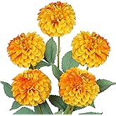 Hollyone 5PCS Dahlia Fall Flowers Artificial for Decoration Fake Ball Dahlias Flowers 21.2" Orange Autumn Silk Flower Arrangements Faux Roses Flower Bouquets Centerpieces Fall Decorations for Home