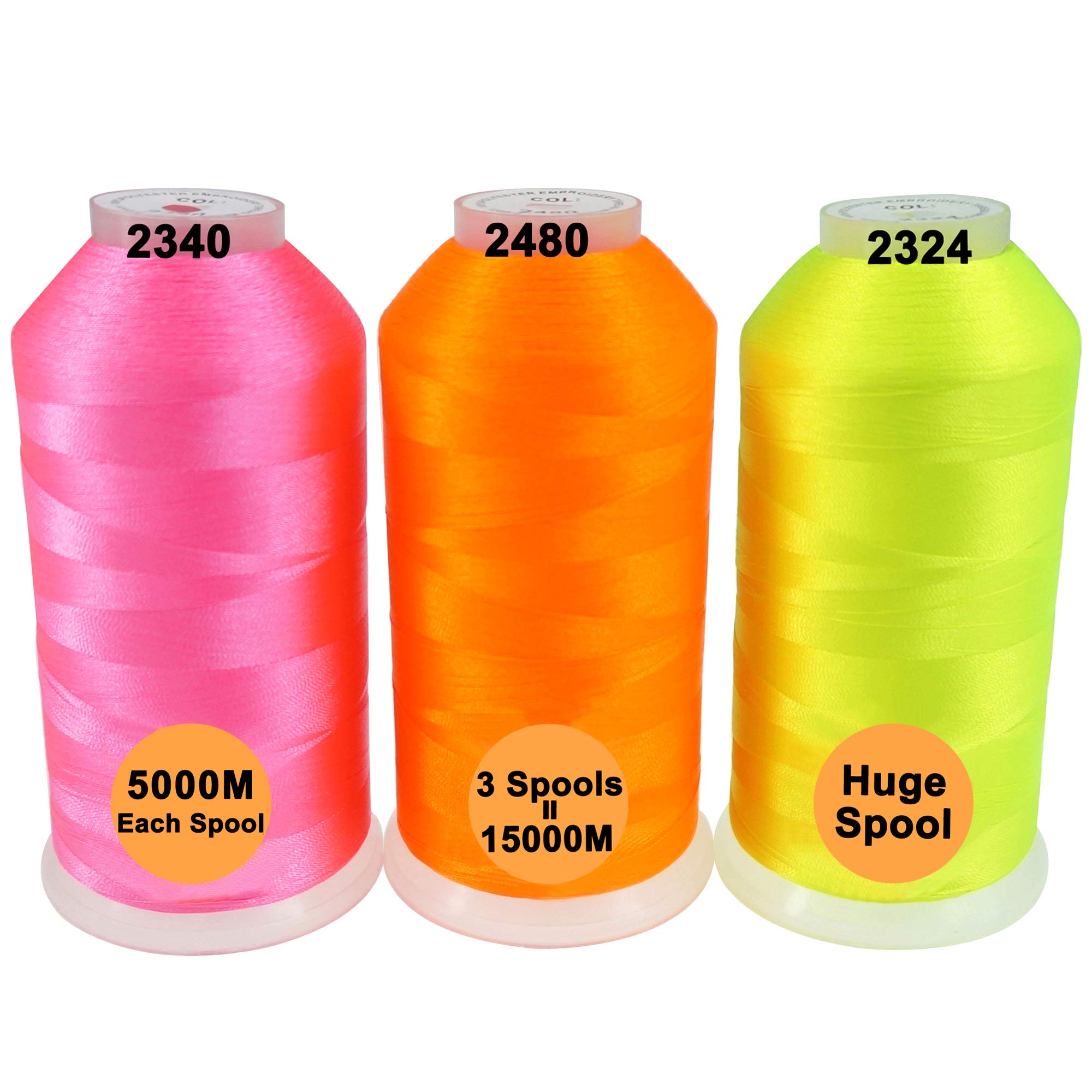 New brothread Set of 3 Neon (Fluorescent) Colors Polyester Machine Embroidery Thread Huge Spool 5000M for All Embroidery Machines