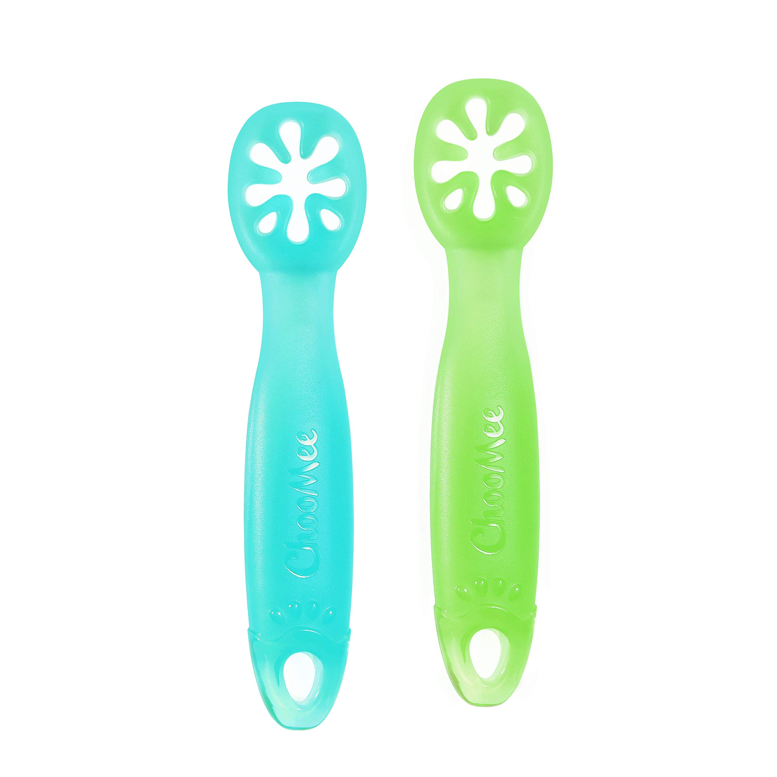ChooMee Baby Spoons, FlexiDip| Baby Led Weaning | Dip and Catch Purees | Pediatrician Approved Stage One Learning Utensil, 100% Silicone Chew Friendly Material, BPA Free | 2 CT | Aqua Green