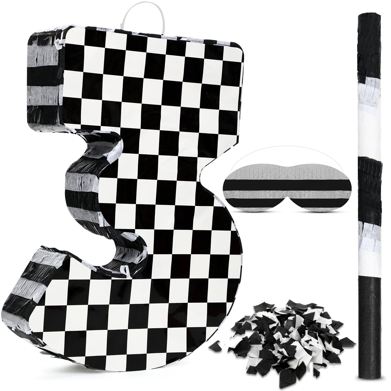 Photo 1 of Lewtemi Race Car Number Piñata Small Checkered Race Car Birthday Party Decoration Black and White Racing Piñata with Stick Confetti Eye Mask for Celebration 15.3 x 10.6 x 2.8 Inch(Number 3)