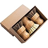 Palm Pot Brush- Bamboo Round 3 Packs Mini Dish Brush Natural Scrub Brush Durable Scrubber Cleaning Kit with Union Fiber and T