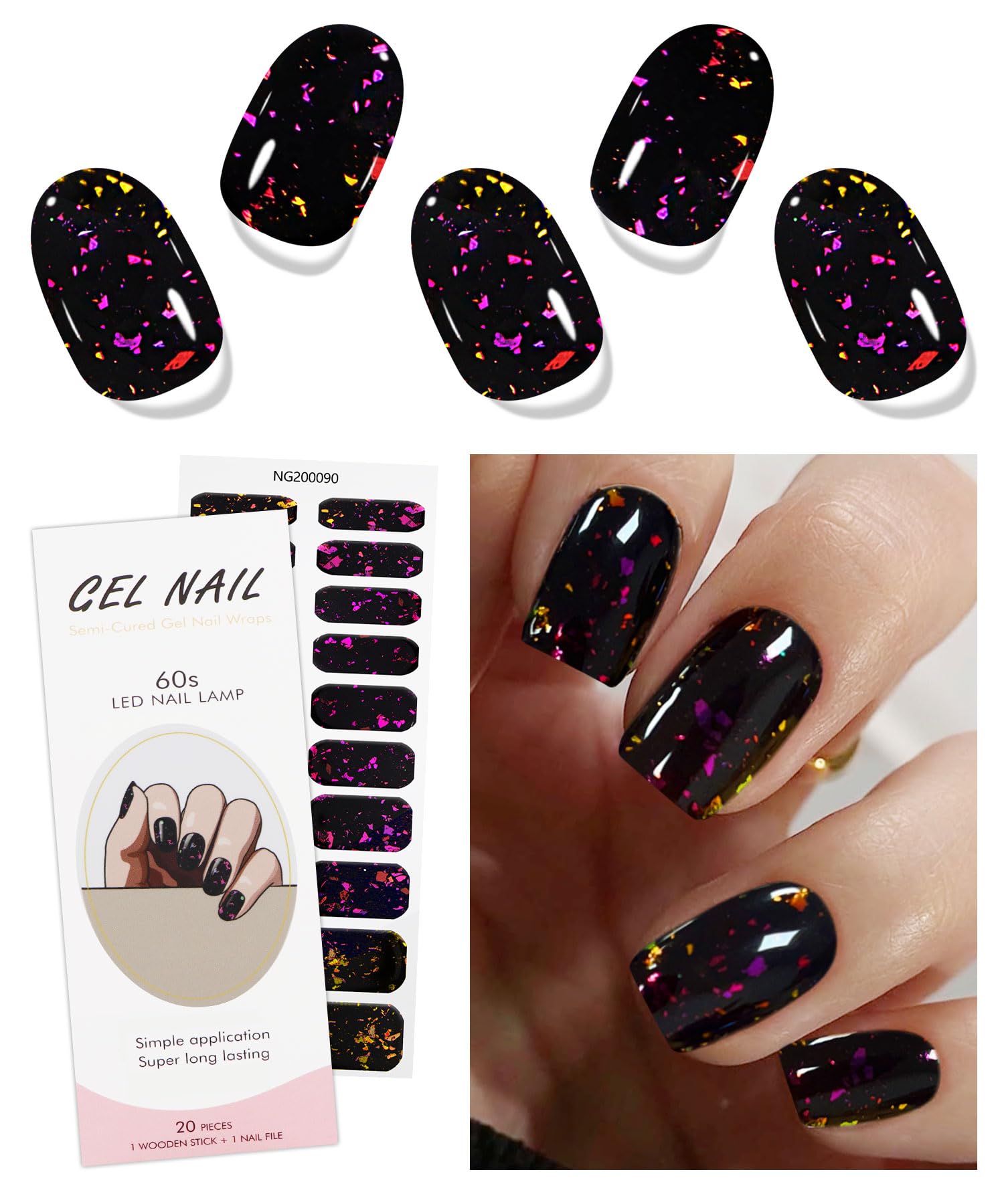 JMEOWIO Gel Nail Stickers Purple Red Black Semi Cured Gel Nail Strips Wraps UV/LED Nails Art Design Decoration Accessories