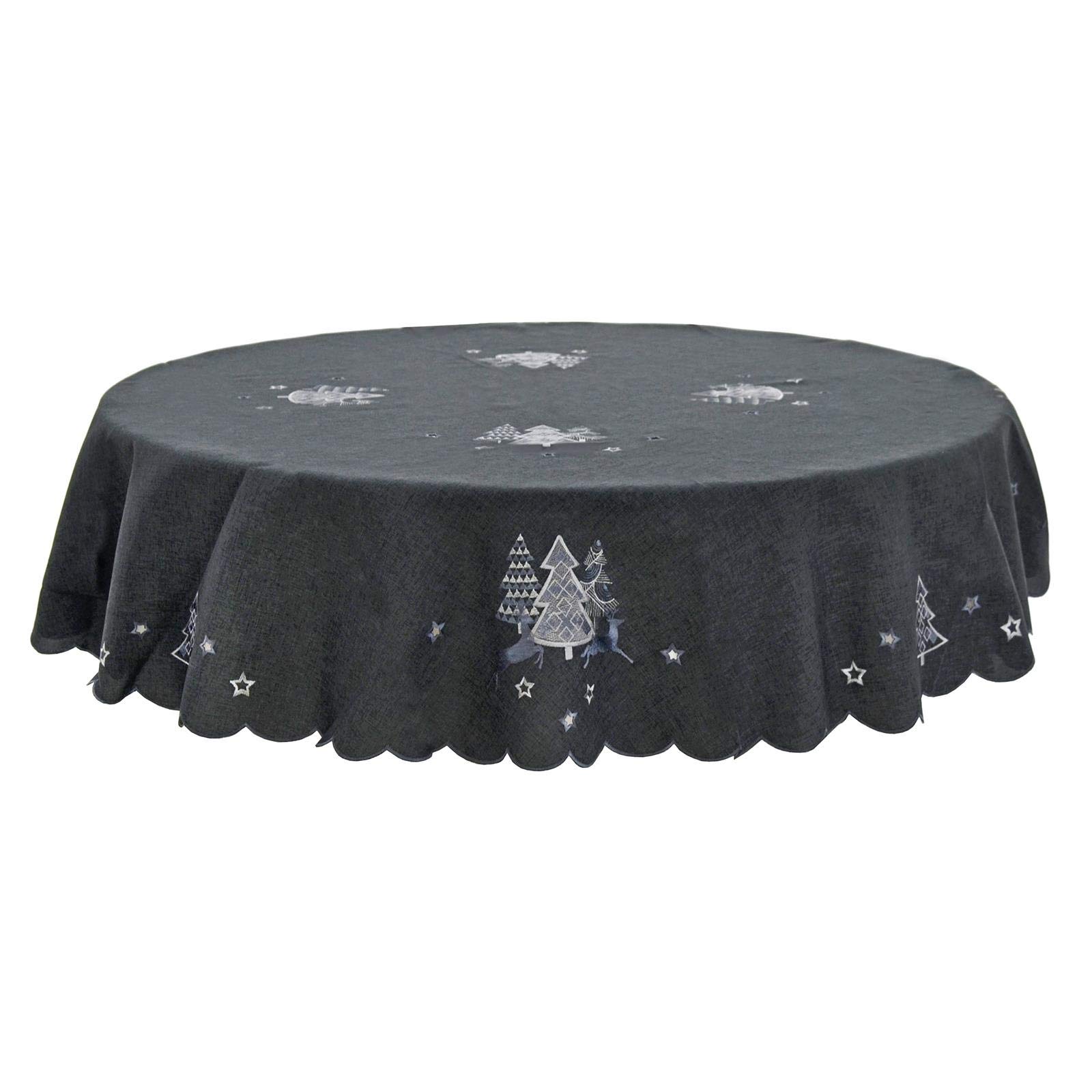 Mr Crimbo Christmas Tablecloth Dark Grey Fabric Luxury Silver Embroidered Trees - 70" Round — image 1