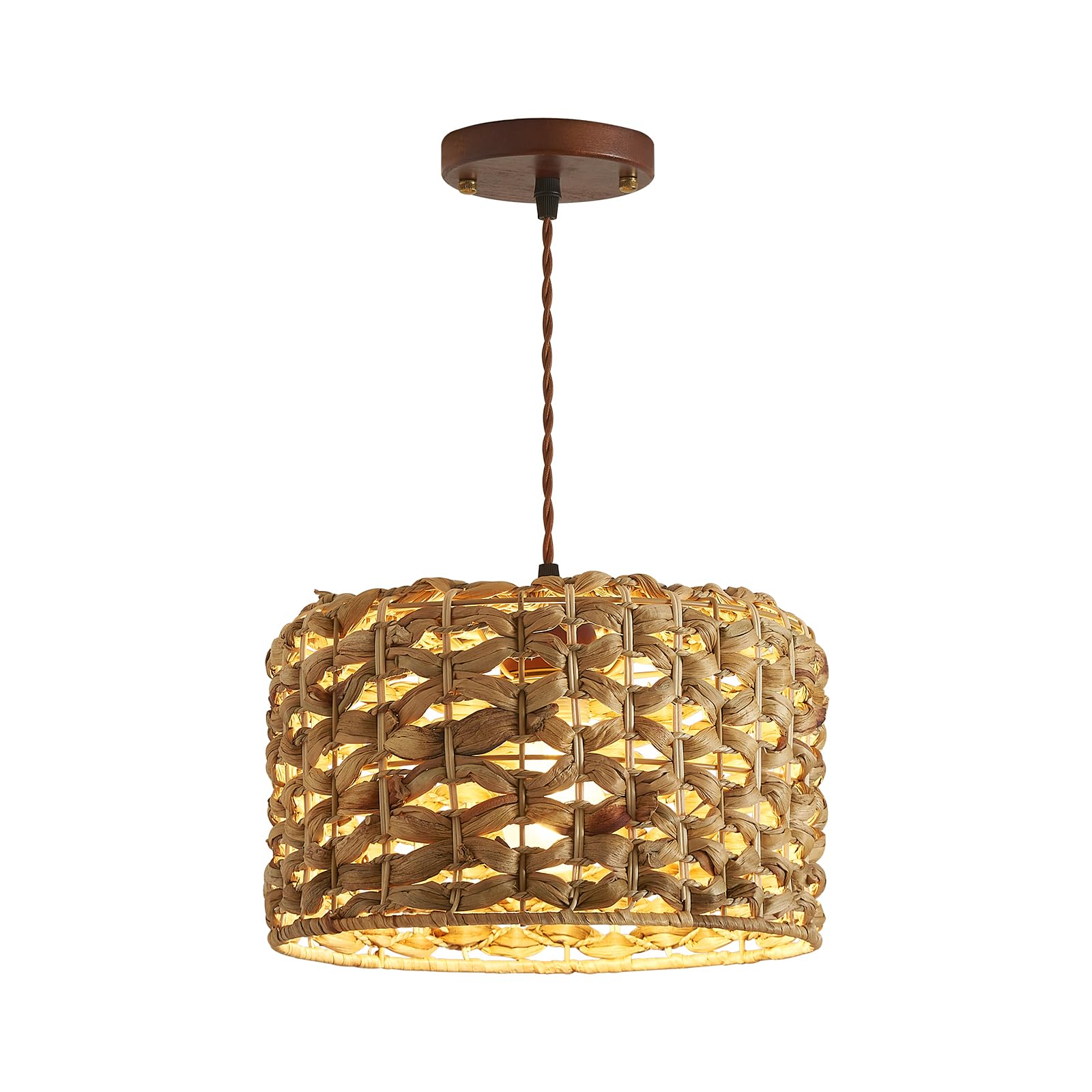 Photo 1 of 11.8 inch Hand Woven Rattan Shade Wood Base Braided Cord Boho Pendant Light Fixture, Vintage Chandelier Farmhouse Adjustable Hanging Light Fixture for Kitchen Island Dining Room Hallway Bedroom