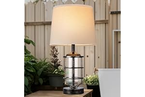 HAPCREA Outdoor Table Lamp, Farmhouse Lamp for Patio Table Decor with Cord, Rustic Table Light with Seeded Glass, 23.5" Plug-in Outdoor Lamps for Patio Waterproof, LED Bulb Included (Antique Copper Color)