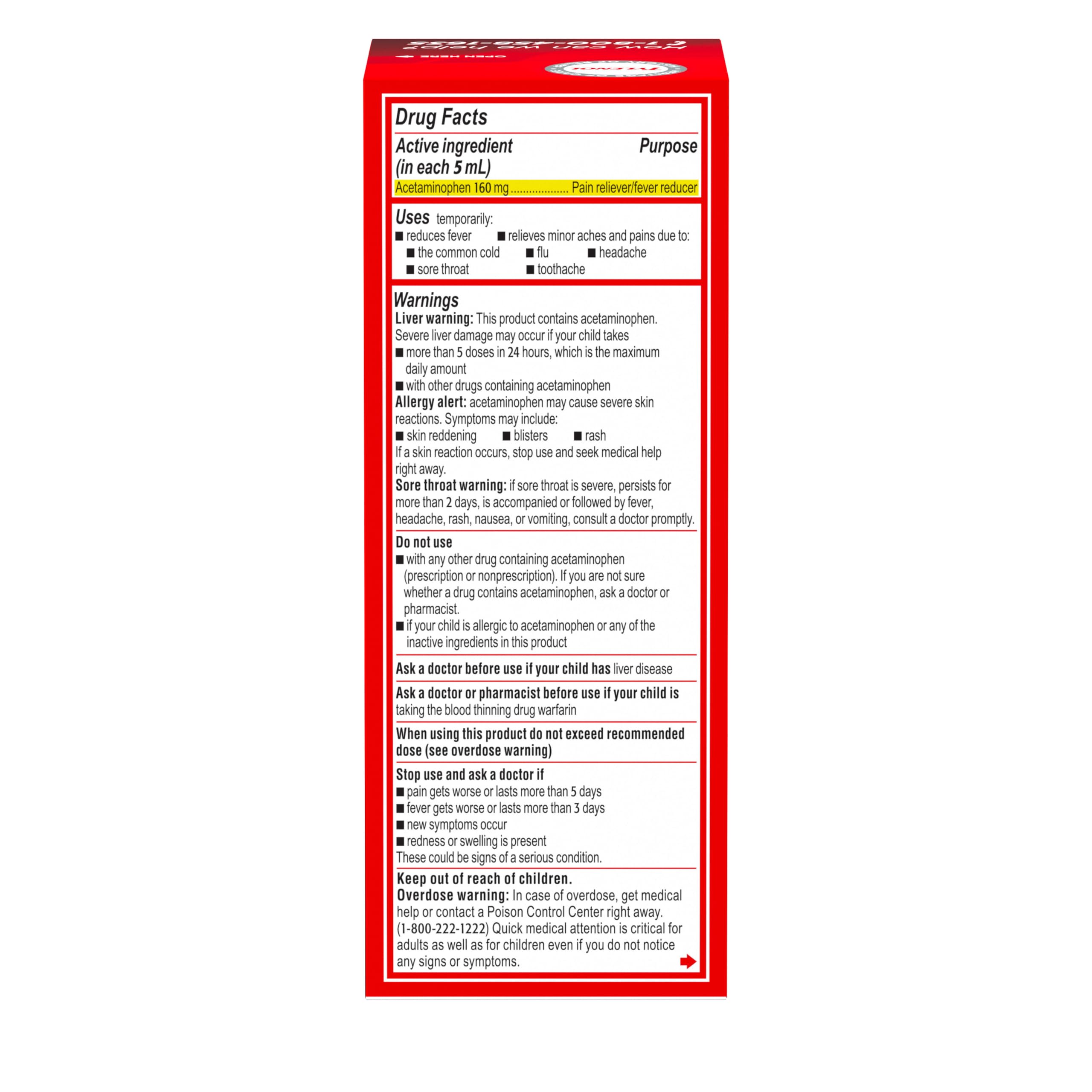 Children's Tylenol Liquid Oral Suspension Medicine, Acetaminophen Pain Reliever & Fever Reducer, Aspirin-, Ibuprofen- & Alcohol-Free, Cherry, 4 Fl. Oz