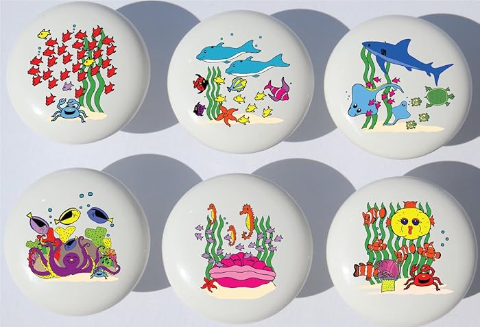 Presto Chango Decor Under The Sea Drawer Pull Knobs/Ceramic/Sea Horse, Clown Fish, Sea Turtles, Dolphin, Sharks, and More/Set of 6