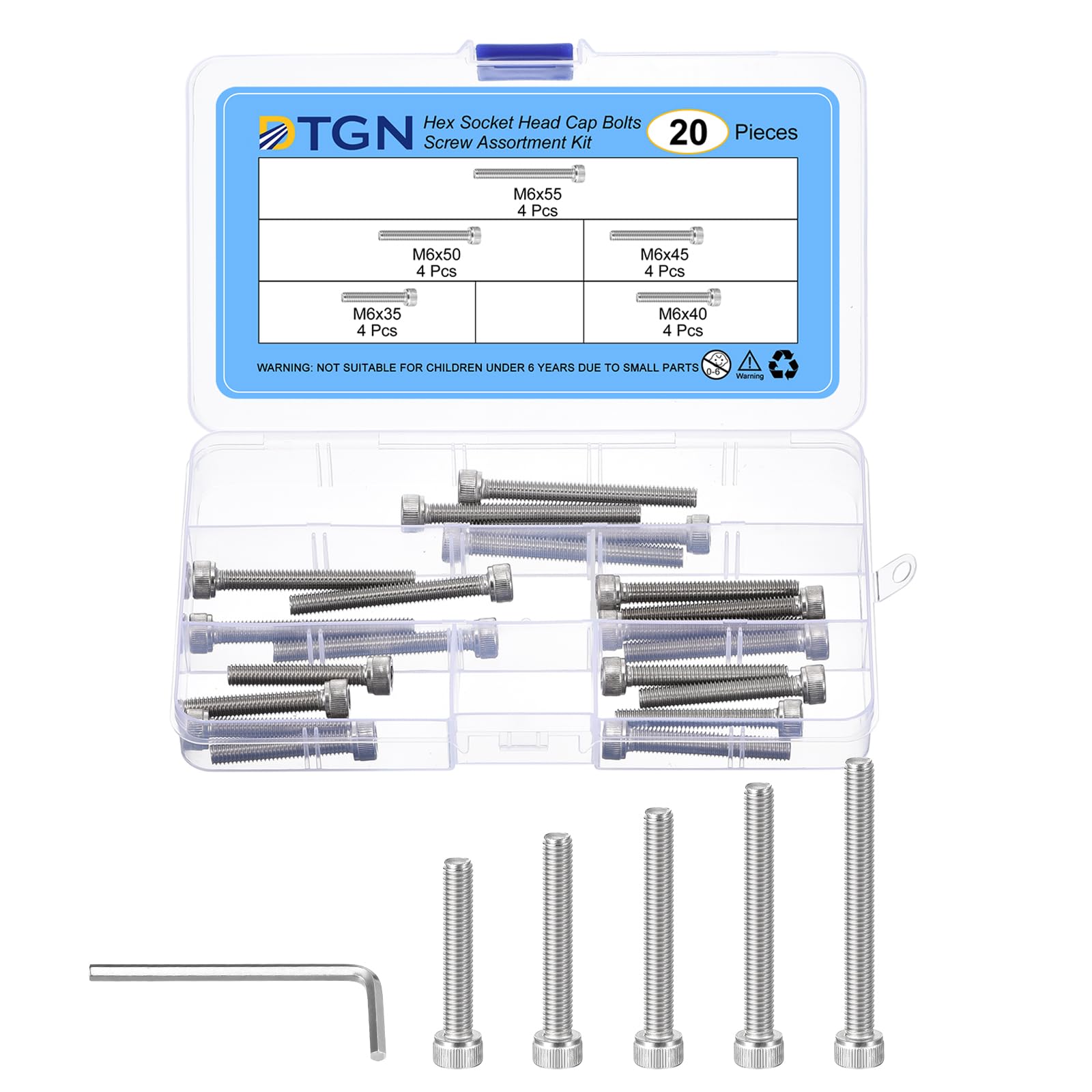 DTGN 20Pcs M6 Metric Screw Assortment, M6 Bolts Socket Head Screws, 304 Stainless Steel M6x35/40/45/50/55mm Hex Socket Head Cap Screws Bolt Set With Wrench for 3D Printing DIY