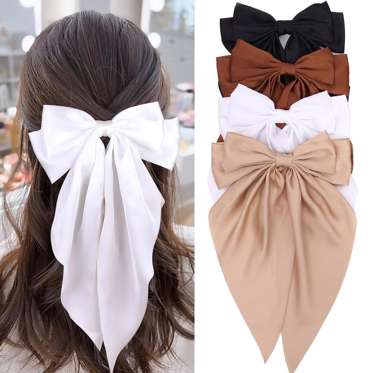 Kesfey 4 Hair Bows for Women, Big Bow Hair Clips for Girls, Neutral Color Silky Satin Hair Bows Clips Oversized Long Tail, Large Hair Barrettes Cute Aesthetic Hair Accessories