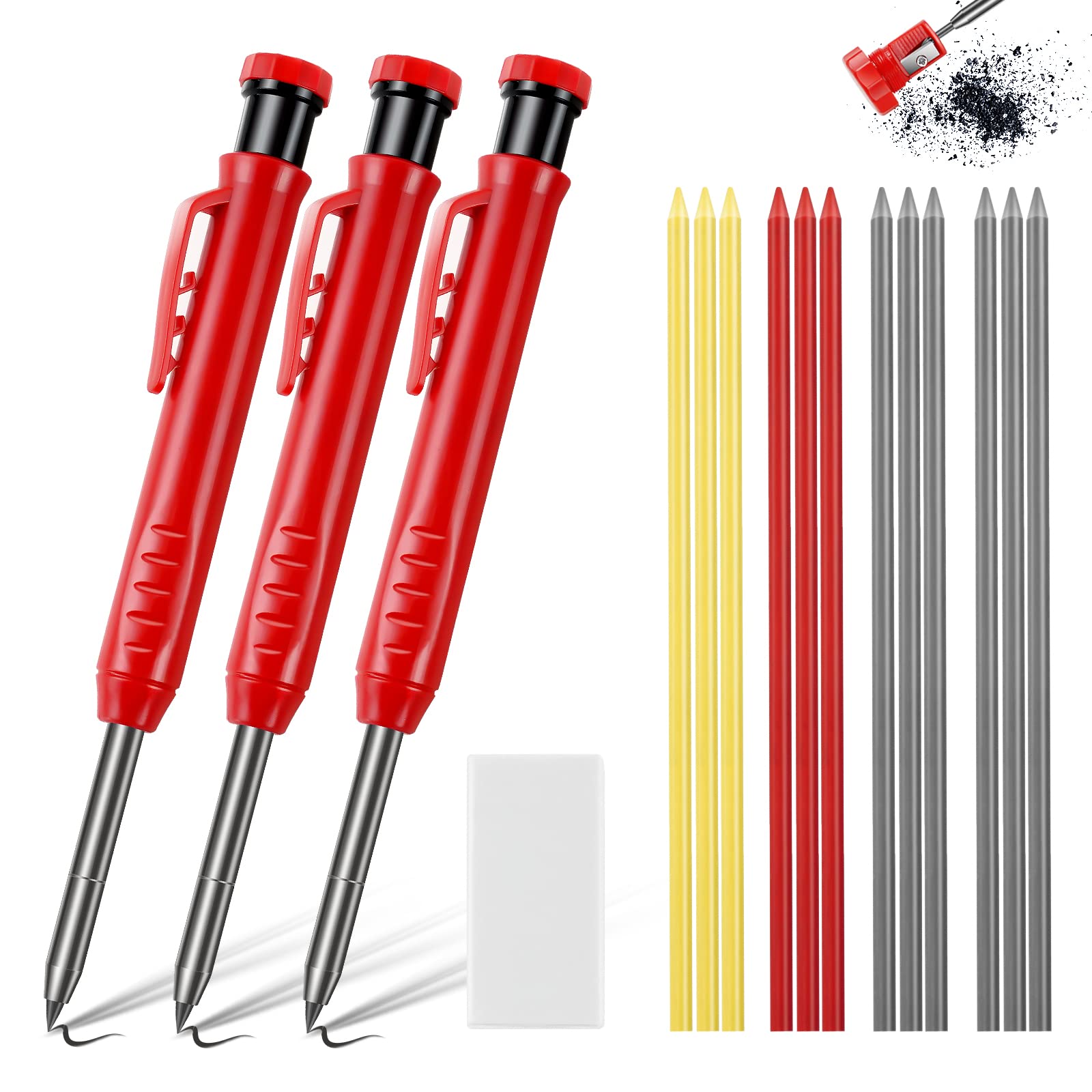flintronic 3PCS Carpenters Pencil Set, with 12PCS Refills and 1 Eraser, Solid Mechanical Carpenter Pencils Built-in Sharpener, Marking Tools Woodworking Pencils for Construction, Carpenter, Men Gift