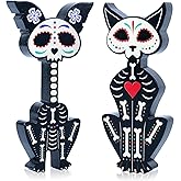 APUDWN 2 Pcs Day of The Dead Skeleton Cat and Dog Figurines, Dia De Los Muertos Wooden Table Decoration, Black Altar Sugar Skulls Tabletop Sign for Mexican Halloween Home Tiered Tray Decor Desk Mantle