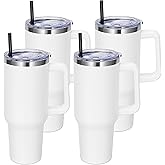 DOMICARE 40 oz Tumbler with Handle and Straw, Stainless Steel Tumbler with Lid and Straw, Reusable Vacuum Insulated Cup, Travel Coffee Mug, White, 4Pack