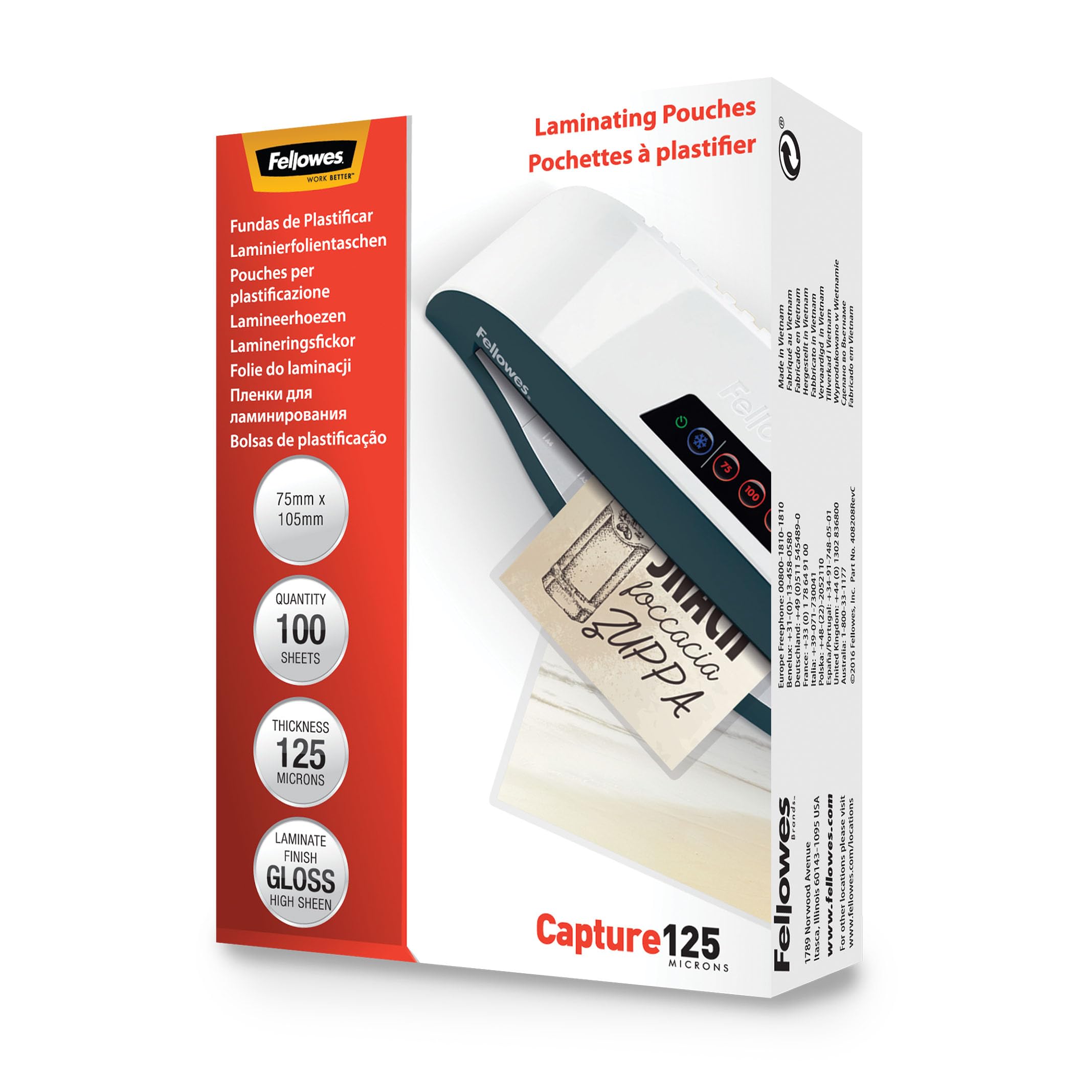 Fellowes Laminating Pouches (75x105mm) - Glossy Finish - 100 Sheets, 250 Micron (2x125) Clear & Durable Laminating Pouch - Ideal for Photos, ID Cards & Small Documents