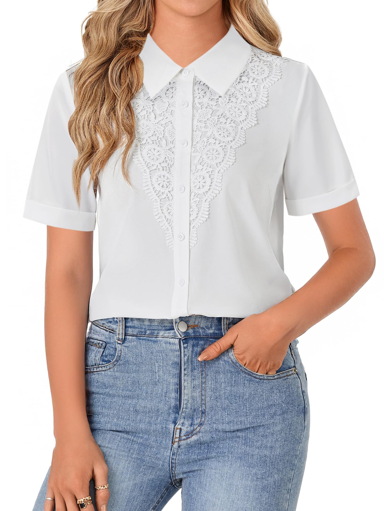 Photo 1 of LYANER Women's Lace Collar Neck Short Sleeve Button Down Elegant Work Shirt Blouse Top Summer Clothes White Medium