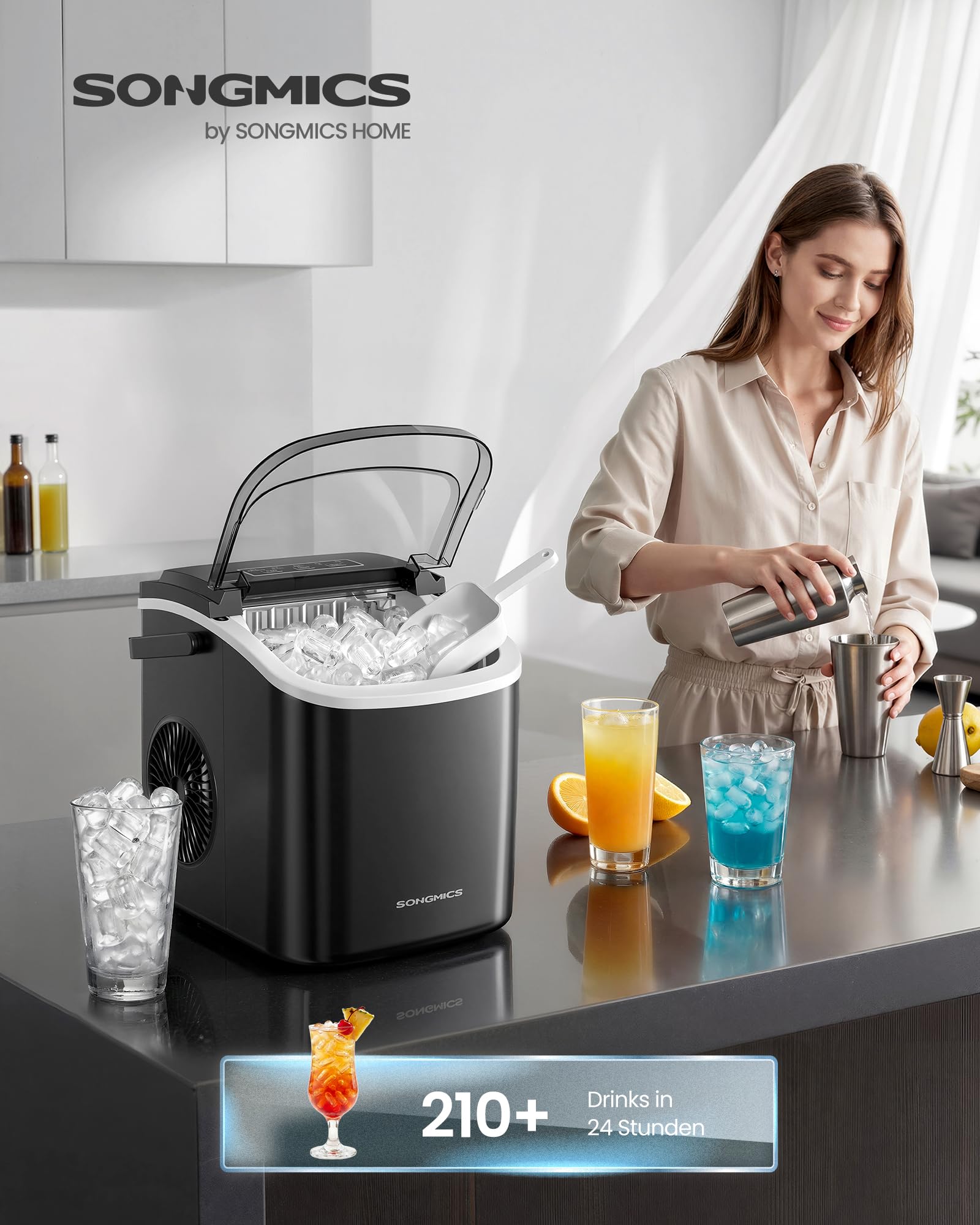 SONGMICS Eiswürfelmaschine, Eiswürfelbereiter, Eismaschine mit Selbstreinigung, in 6 Minuten 9 Würfel in 2 Größen, 12 kg in 24 Stunden, tragbar, Küche, WG, Party, Camping, tintenschwarz XZB001B1EU 2