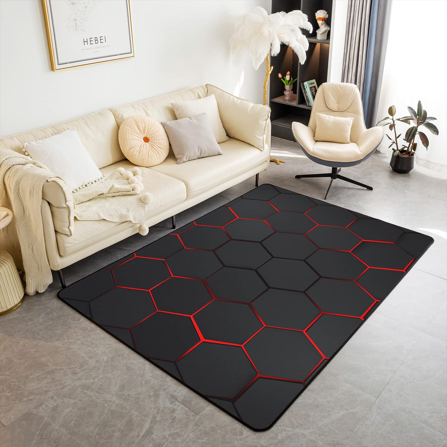 Loussiesd Honeycomb Area Rug Modern Hexagon Theme Living Room Rugs Geometrical Decorative Carpet Beehive Indoor Floor Mat Black Red Accent Rug 100 * 150cm โ image 1