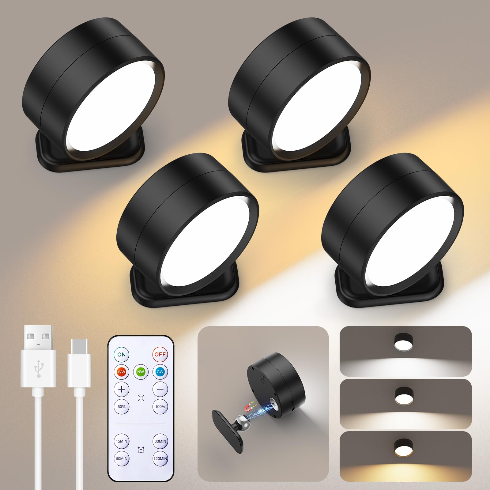 Photo 1 of Brightown LED Magnetic Wall Sconce Lights, 4 Pack USB Rechargeable Wall Mounted Lights with Remote, 3 Lighting Colors and Dimmable, 360° Rotation Cordless Wall Mount Lamp for Bedroom, Black