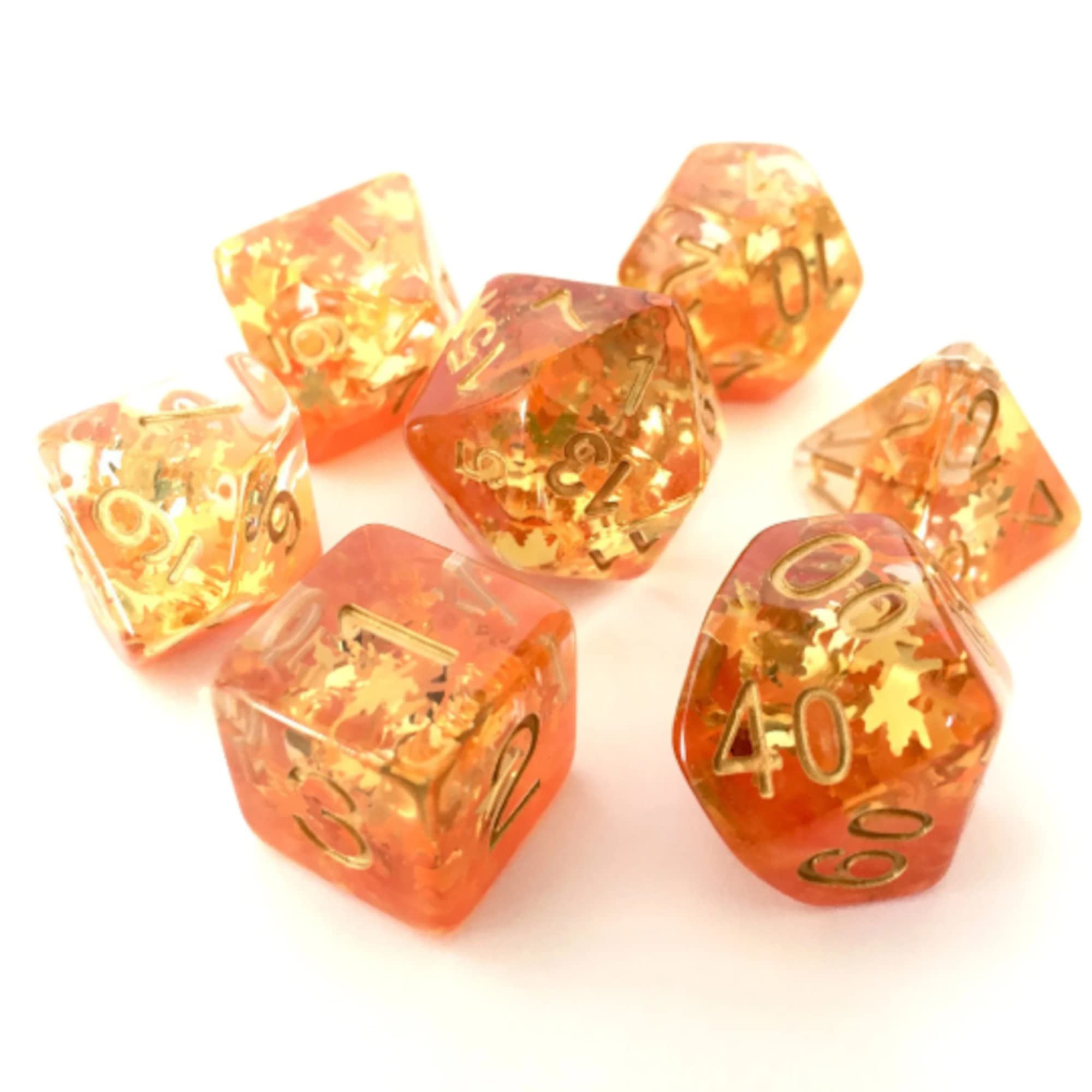 Fallen Leaf Dice Set - Autumn Dice - Polyhedral Fall Seasonal Orange Autumn 7 Pc Dice Set - Dice for Card Games War Games and Tabletop RPGs