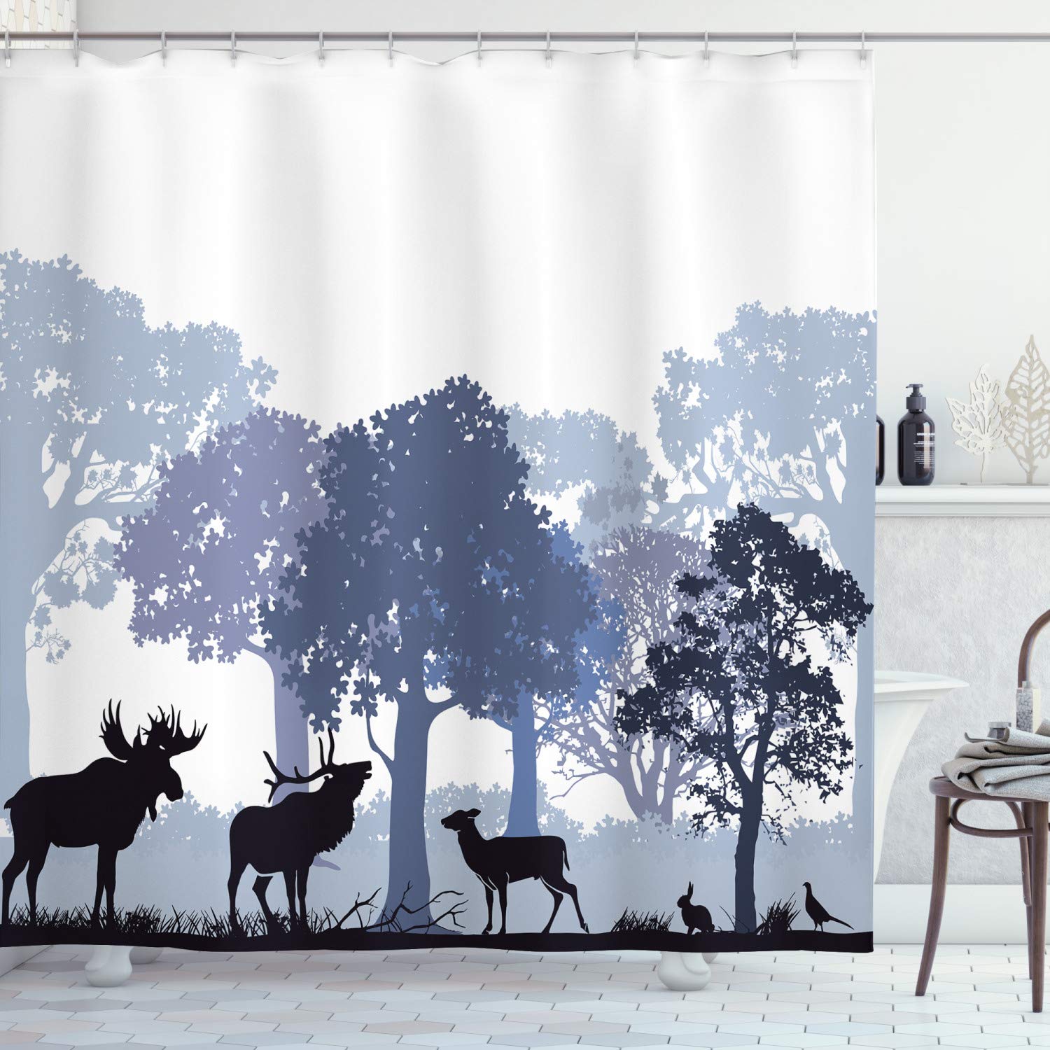 ABAKUHAUS Moose Shower Curtain, Forest Design Abstract Woods North American Wild Animals Deer Hare Elk Trees, Cloth Fabric Bathroom Decor Set with Hooks, 94 Inches, Black White Grey