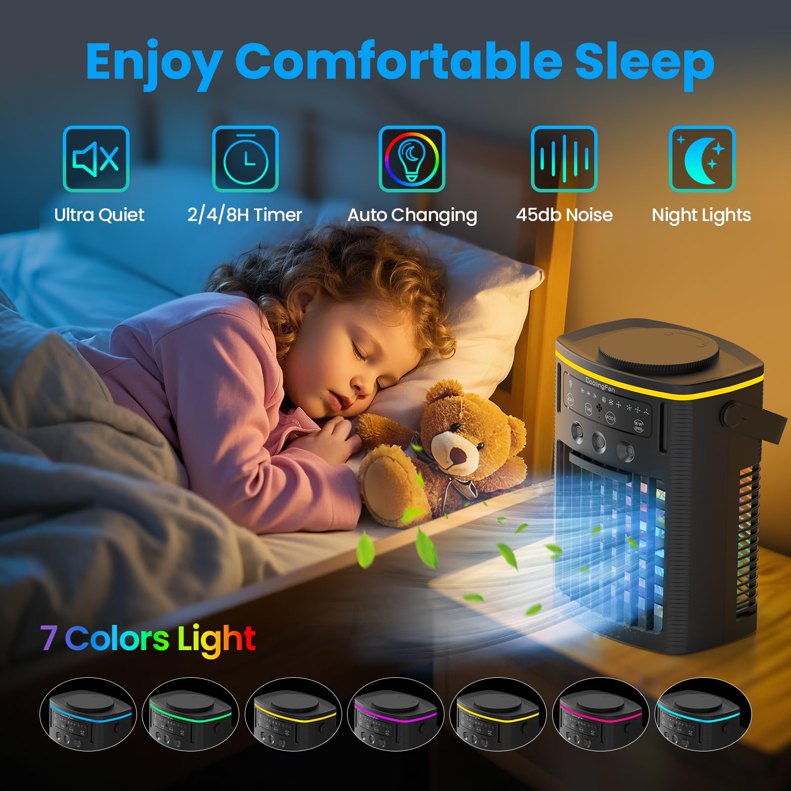 Portable Air Conditioners, Mini Air Conditioner Portable with Remote, 3 Speeds & 3 Mist, 2-8H Timer & 7 Light Evaporative Air Cooler, Personal Cooling Air Conditioner Fan for Bedroom Office Desk