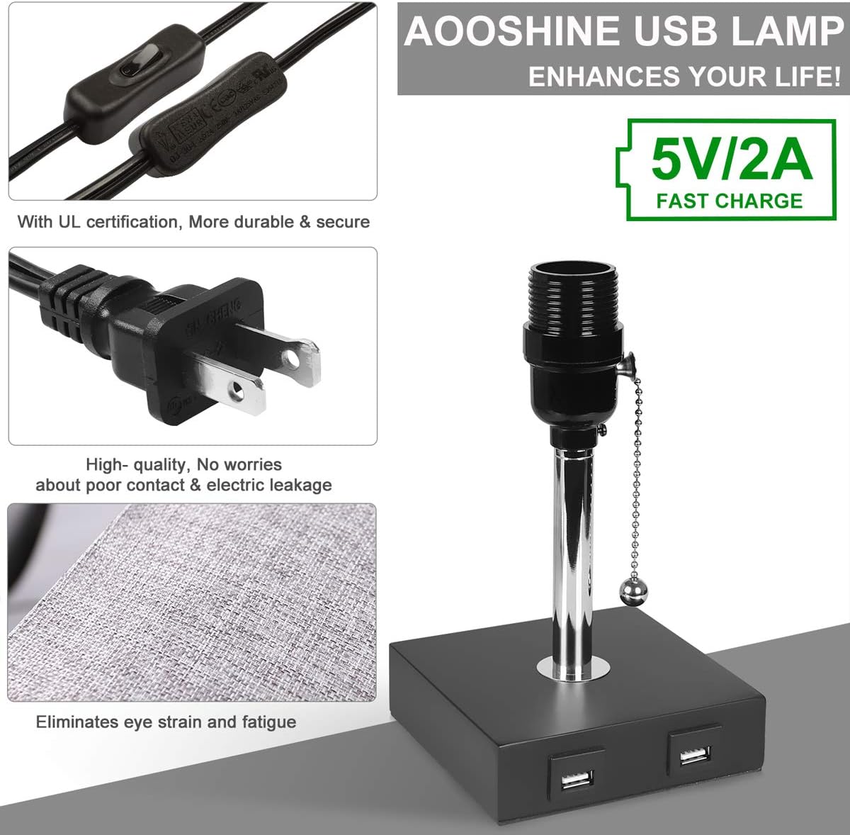 USB Table Lamp, Aooshine Bedside Table Lamps with 2 Useful USB Charging Ports, Solid Wood Nightstand Lamp with Grey Fabric Shade, Ambient Light Perfect for Bedroom, Living Room, Study Room (Pack of 2): Home Improvement